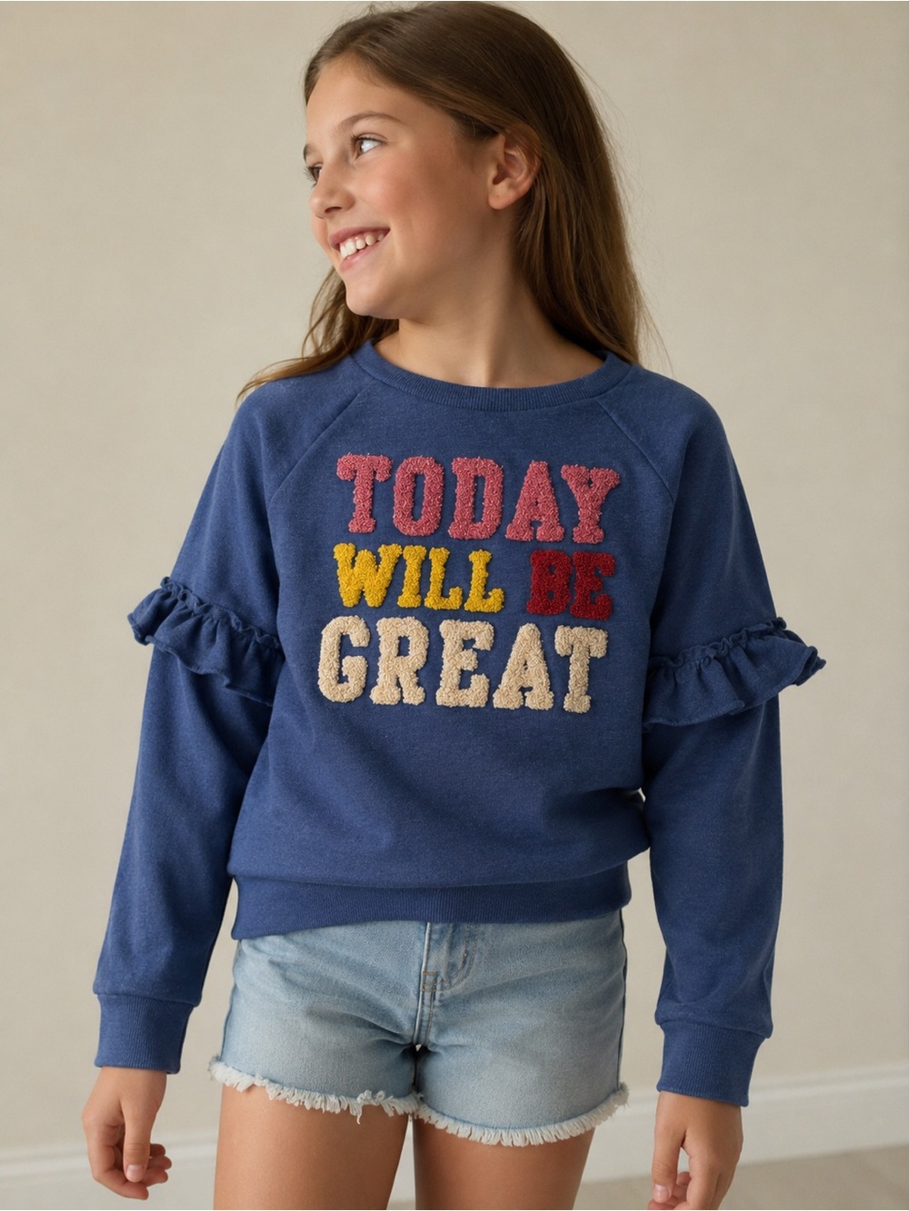 Epic Threads Navy Ruffle-Sleeve Sweatshirt with Multicolor Puff Lettering
